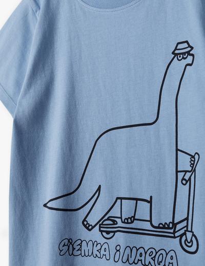 Niebieski t-shirt z dinozaurem i zabawnym napisem - 5.10.15.