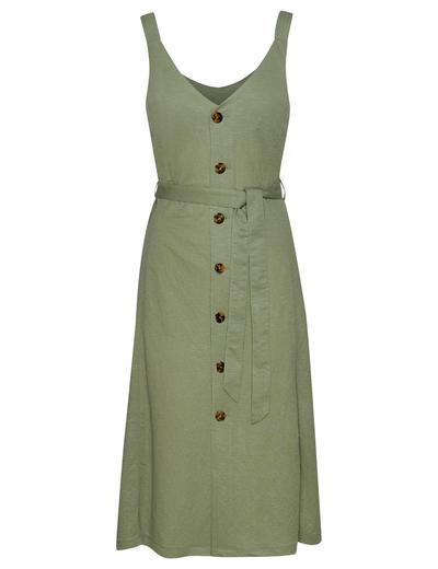 Rozkloszowana oliwkowa sukienka na szerokich ramiączkach