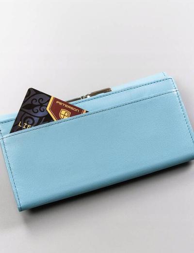 Niebieski duży, skórzany portfel damski na bigiel i zatrzask — Peterson