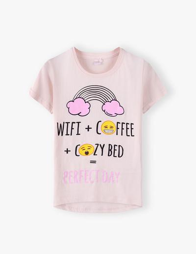 Bawełniany t-shirt damski WiFi + COFFE = COZY BED - różowy