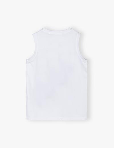 Biała koszulka chłopięca bez rękawów bawełniana z nadrukiem