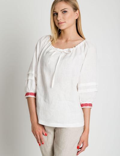 Lniana bluzka damska w kolorze białym z ozdobnym wiązaniem i haftem