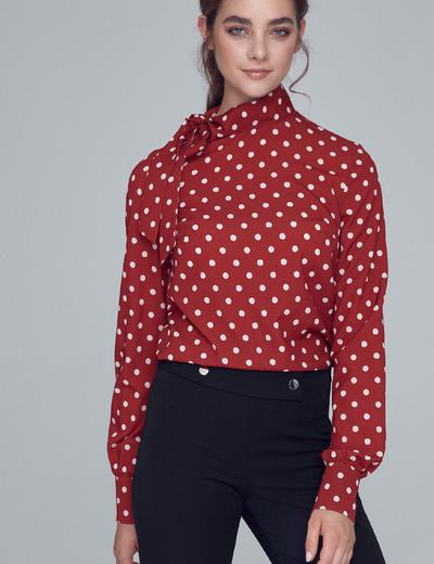 Bordowa bluzka damska w grochy z wiązaniem na boku