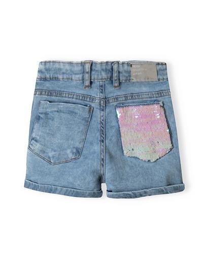 Jeansowe szorty dziewczęce z kieszenią z cekinami
