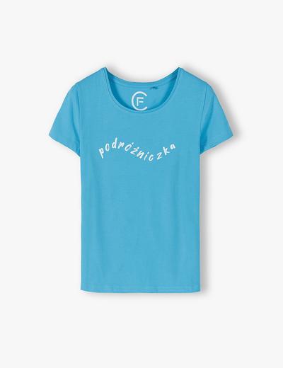 Niebieski T- shirt damski z napisem Podróżniczka- ubrania dla całej rodziny