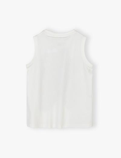 Bawełniana koszulka chłopięca biała na ramiaczkąch z nadrukiem