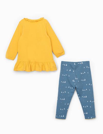 Komplet dziewczęcy - żółta tunika z napisem Little One + legginsy niebieskie z kaczuszkami