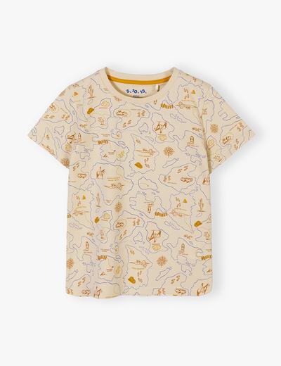Beżowy bawełniany t-shirt dla chłopca z nadrukiem mapy