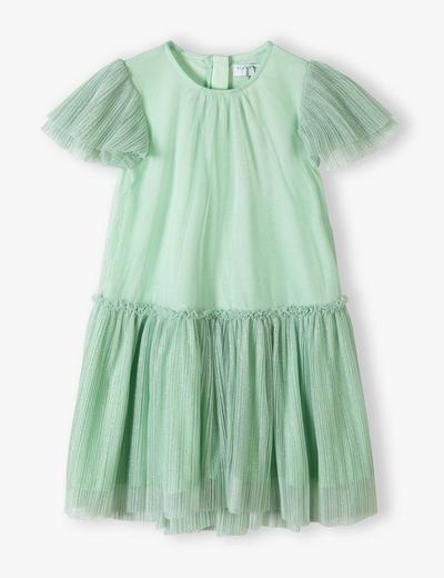 Zielona elegancka sukienka dla dziewczynki z tiulowa falbanką