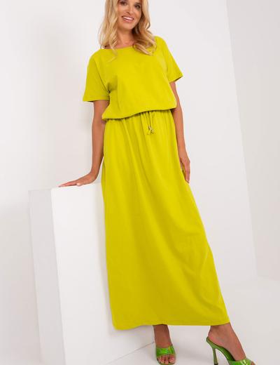 Limonkowa maxi sukienka damska basic z kieszeniami