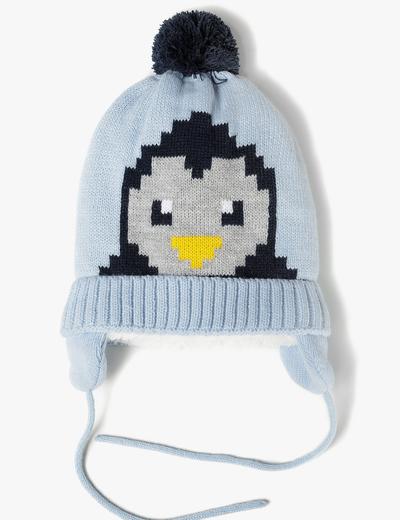 Zimowa czapka chłopięca z pingiwnem - niebieska