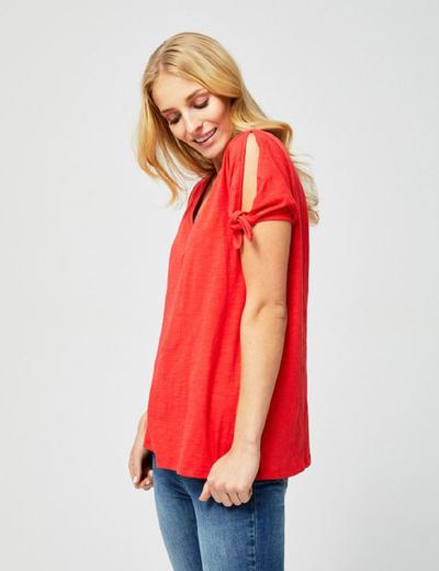 T-shirt damski z wiązaniem przy rękawach- czerwony