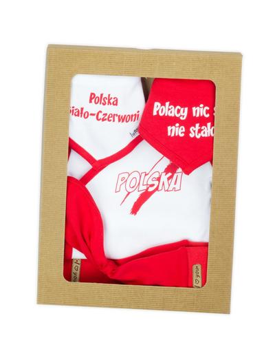 Bawełniany komplet Strefa Kibica - chustka + 2x apaszka + body + spodenki - biało-czerwony