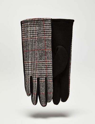 Długie stylowe rękawiczki damskie w pepitkę - czarne