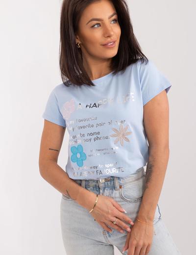 Bawełniany T-Shirt Z Napisami jasny niebieski