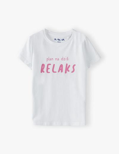 Bawełniany t-shirt dziewczęcy z napisem: Plan na dziś - Relaks