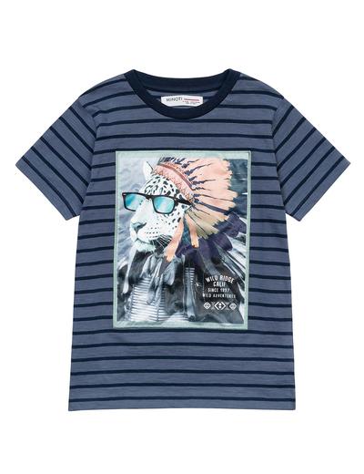 T-shirt bawełniany w paski dla małego chłopca z nadrukiem lwa
