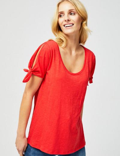T-shirt damski z wiązaniem przy rękawach- czerwony
