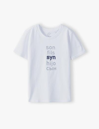 Bawełniany t-shirt chłopięcy biały z napisem- Syn - ubrania dla całej rodziny
