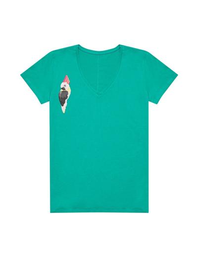 T-shirt damski zielony z papugą