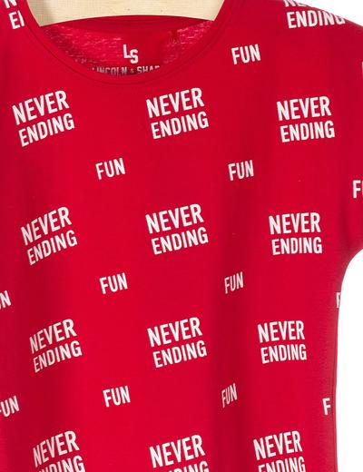 T-shirt dziewczęcy czerwony z białymi napisami- Never Ending
