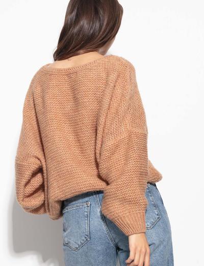 Krótki sweter oversize z bufiastymi rękawami - karmel