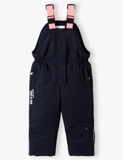 Granatowe spodnie narciarskie dla dziewczynki z elementami odblaskowymi i szelkami