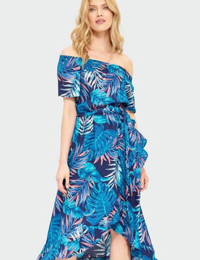Wiskozowa sukienka z roślinnym nadrukiem typu hiszpanka- niebieska