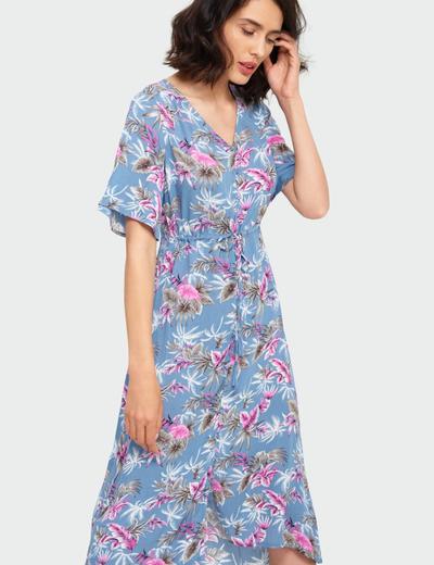 Niebieska wiskozowa sukienka z roślinnym nadrukiem