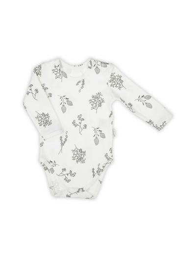 Bawełniane body niemowlęce z długim rękawem - ecru z motywem roslinnym