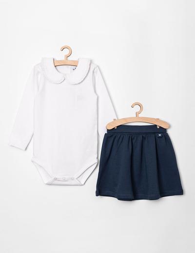Granatowa spódniczka i białe body z kołnierzykiem- komplet ubrań dla dziewczynki