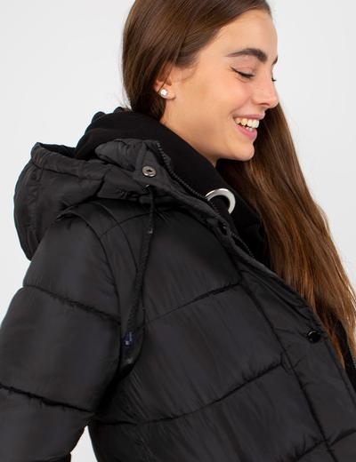 Czarna długa puchowa kurtka zimowa 2w1 z odpinanymi rękawami