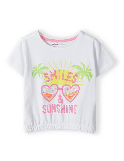 Biała koszulka dziewczęca z bawełny- Smiles & Sunshine