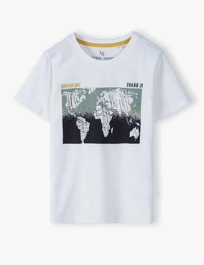T-shirt chłopięcy w kolorze białym z nadrukiem mapy świata