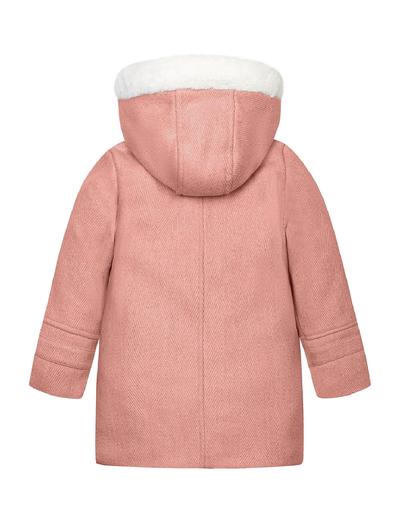 Ciepły płaszcz różowy niemowlęcy z kapturem obszywanym futerkiem