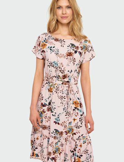 Wiskozowa sukienka z kwiatowym nadrukiem podkreślona talia różowa
