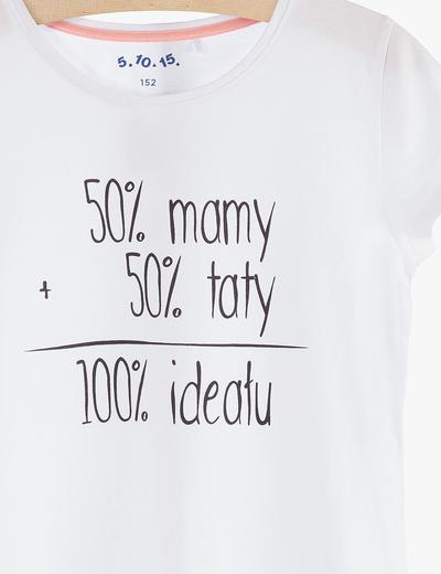 T-shirt dziewczęcy z polskim napisem "50% mamy, 50% taty..."