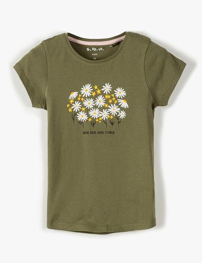 Bawełniany t-shirt dla dziewczynki - khaki z kwiatkami