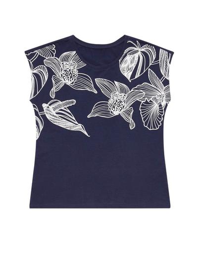 Granatowy t-shirt z ozdobnym kwiatowym nadrukiem