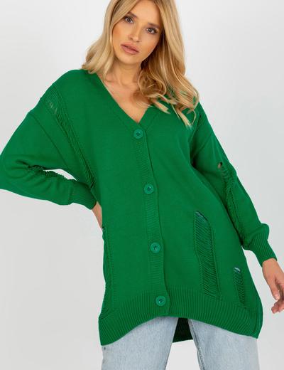 Sweter rozpinany oversize z dziurami RUE PARIS - zielony