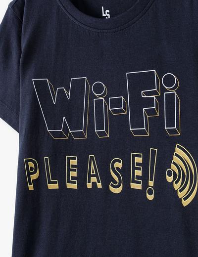 Bawełniany t-shirt chłopięcy czarny z napisem- Wi-Fi please