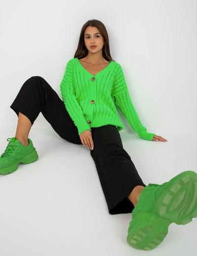 Fluo zielony ażurowy sweter rozpinany w warkocze RUE PARIS