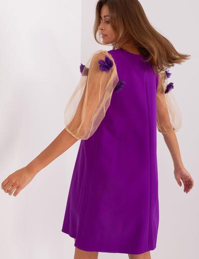 Fioletowo-camelowa sukienka koktajlowa do kolana
