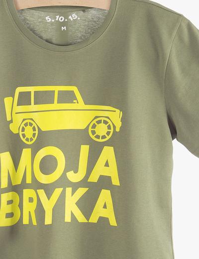 T-shirt bawełniany męski zielony z napisem "Moja bryka"