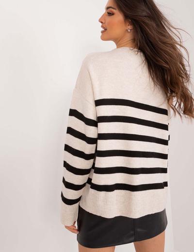 Sweter oversize z okrągłym dekoltem beżowy w paski