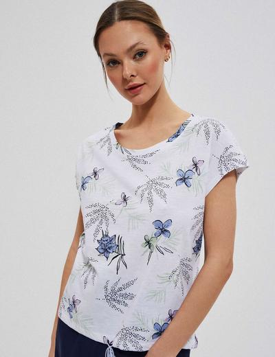 Bawełniany t-shirt damski z motywem roślinnym biały