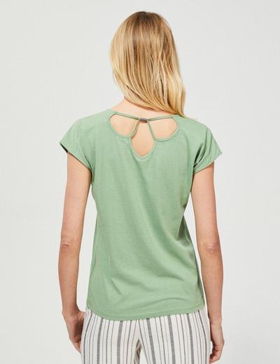 Oliwkowy T-shirt damski na krótki rękaw z ażurowym zdobieniem