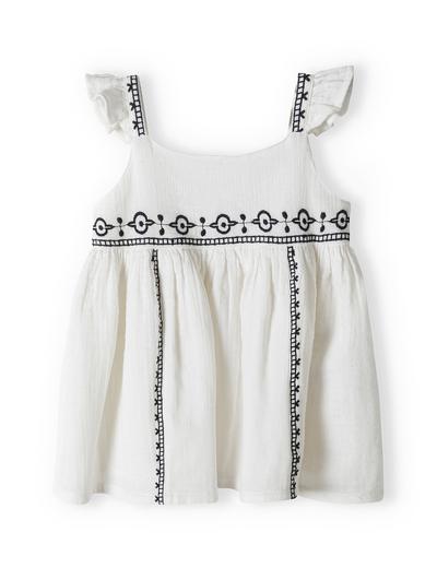 Komplet dla niemowlaka- biały haftowany top + luźne spodenki w kratkę