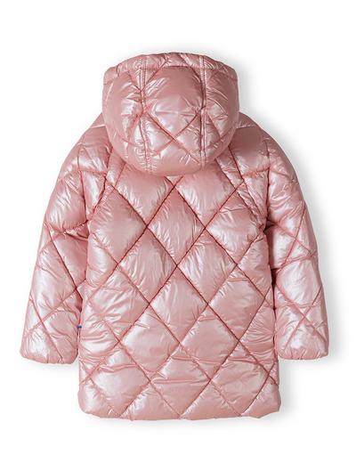 Metaliczny pikowany ocieplany płaszcz z kapturem dla dziewczynki- różowy