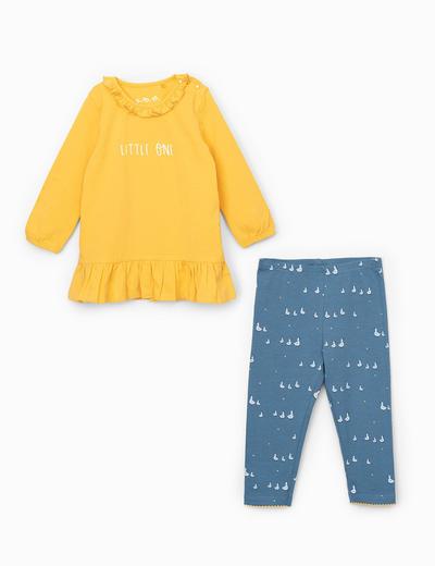 Komplet dziewczęcy - żółta tunika z napisem Little One + legginsy niebieskie z kaczuszkami